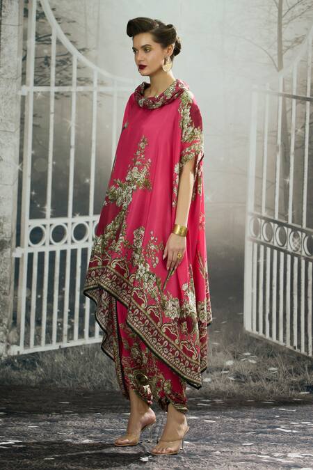 Shop_Rajdeep Ranawat_Fuchsia Silk, Modal, Satin Lavanya Floral Print Draped Tunic And Dhoti Pant Set _Online_at_Aza_Fashions