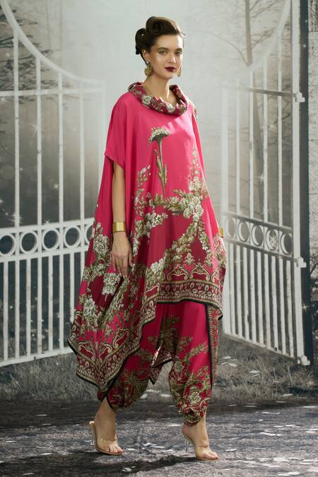 Buy_Rajdeep Ranawat_Fuchsia Silk, Modal, Satin Lavanya Floral Print Draped Tunic And Dhoti Pant Set 