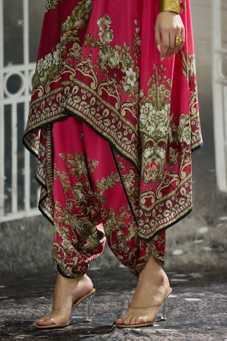 Shop_Rajdeep Ranawat_Fuchsia Silk, Modal, Satin Lavanya Floral Print Draped Tunic And Dhoti Pant Set 