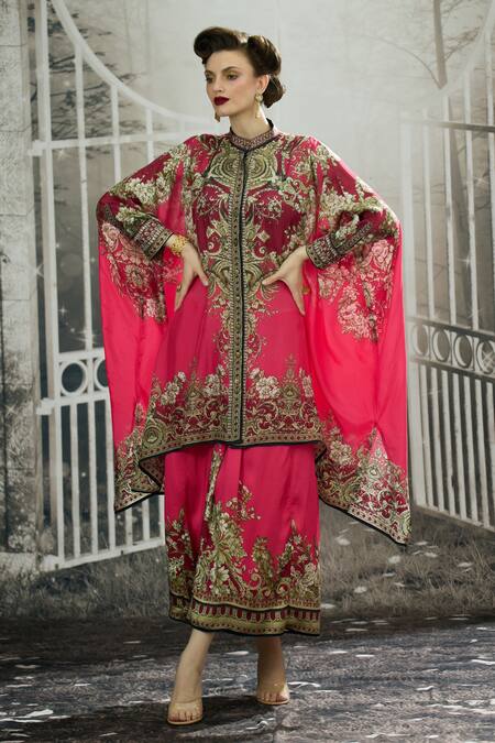 Rajdeep Ranawat_Fuchsia Silk, Modal, Satin Dakota Flower Print Kaftan Tunic And Draped Skirt Set _Online_at_Aza_Fashions