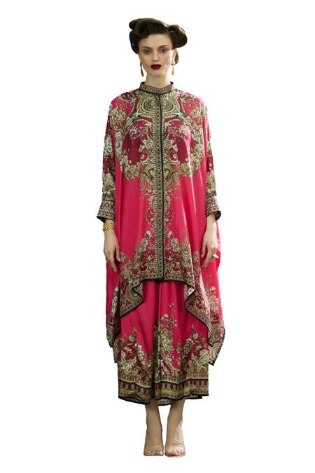 Buy_Rajdeep Ranawat_Fuchsia Silk, Modal, Satin Dakota Flower Print Kaftan Tunic And Draped Skirt Set _Online_at_Aza_Fashions