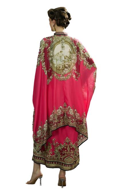 Buy_Rajdeep Ranawat_Fuchsia Silk, Modal, Satin Dakota Flower Print Kaftan Tunic And Draped Skirt Set 