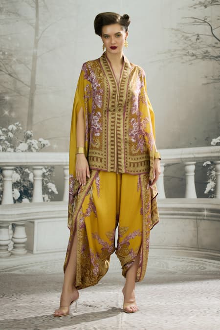 Rajdeep Ranawat Yellow Cape Silk Printed Floral Stripe Plunge V Neck Chloe And Dhoti Pant Set 