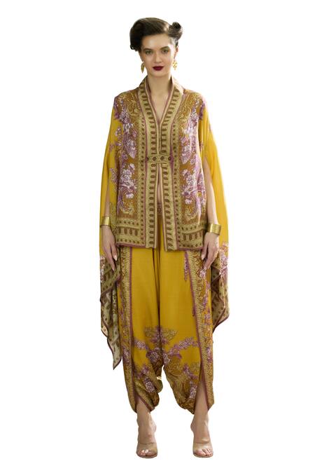 Shop_Rajdeep Ranawat_Yellow Modal Embroidery Chloe Floral Stripe Print Cape And Dhoti Pant Set _Online_at_Aza_Fashions
