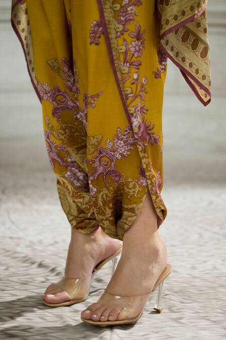 Shop_Rajdeep Ranawat_Yellow Modal Embroidery Chloe Floral Stripe Print Cape And Dhoti Pant Set 