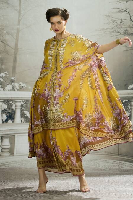 Rajdeep Ranawat_Yellow Modal, Satin Embroidery Caprice Garden Print Cape And Draped Skirt Set _Online_at_Aza_Fashions