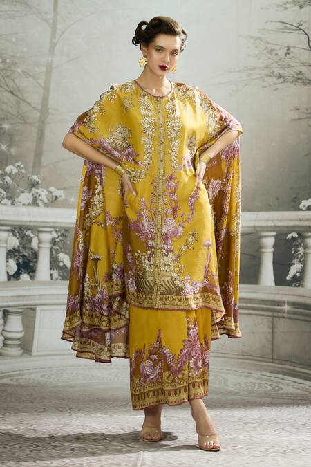 Buy_Rajdeep Ranawat_Yellow Modal, Satin Embroidery Caprice Garden Print Cape And Draped Skirt Set _Online_at_Aza_Fashions