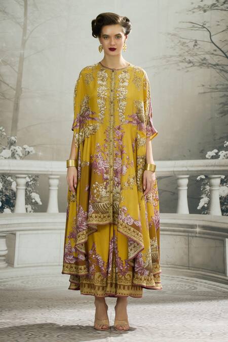 Shop_Rajdeep Ranawat_Yellow Modal, Satin Embroidery Caprice Garden Print Cape And Draped Skirt Set _Online_at_Aza_Fashions