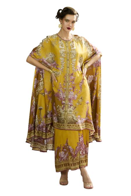 Buy_Rajdeep Ranawat_Yellow Modal, Satin Embroidery Caprice Garden Print Cape And Draped Skirt Set 