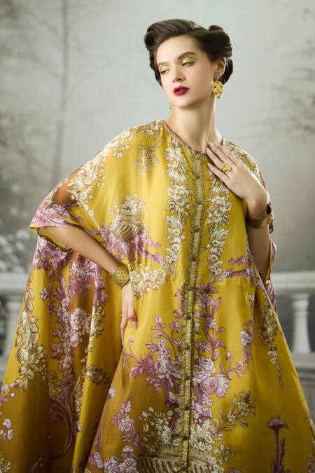 Shop_Rajdeep Ranawat_Yellow Modal, Satin Embroidery Caprice Garden Print Cape And Draped Skirt Set 