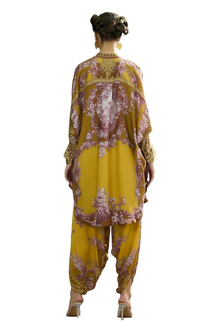 Rajdeep Ranawat Yellow Silk, Modal, Satin Mabel Floral Vine Print Shirt Kurta And Dhoti Pant Set Online at Aza Fashions Rajdeep Ranawat_Yellow Silk, Modal, Satin Mabel Floral Vine Print Shirt Kurta And Dhoti Pant Set _Online_at_Aza_Fashions