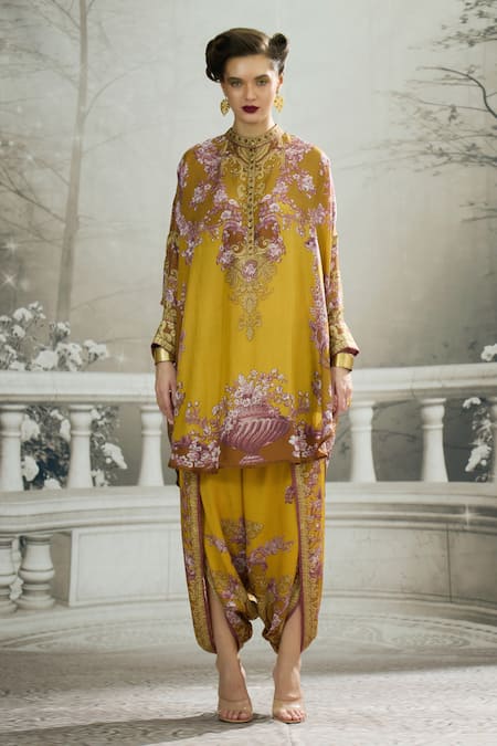 Buy Rajdeep Ranawat Yellow Silk, Modal, Satin Mabel Floral Vine Print Shirt Kurta And Dhoti Pant Set Online at Aza Fashions Buy_Rajdeep Ranawat_Yellow Silk, Modal, Satin Mabel Floral Vine Print Shirt Kurta And Dhoti Pant Set _Online_at_Aza_Fashions