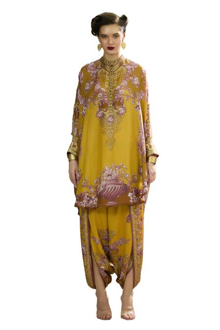 Shop Rajdeep Ranawat Yellow Silk, Modal, Satin Mabel Floral Vine Print Shirt Kurta And Dhoti Pant Set Online at Aza Fashions Shop_Rajdeep Ranawat_Yellow Silk, Modal, Satin Mabel Floral Vine Print Shirt Kurta And Dhoti Pant Set _Online_at_Aza_Fashions