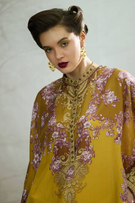 Rajdeep Ranawat Yellow Silk, Modal, Satin Mabel Floral Vine Print Shirt Kurta And Dhoti Pant Set at Aza Fashions Rajdeep Ranawat_Yellow Silk, Modal, Satin Mabel Floral Vine Print Shirt Kurta And Dhoti Pant Set _at_Aza_Fashions