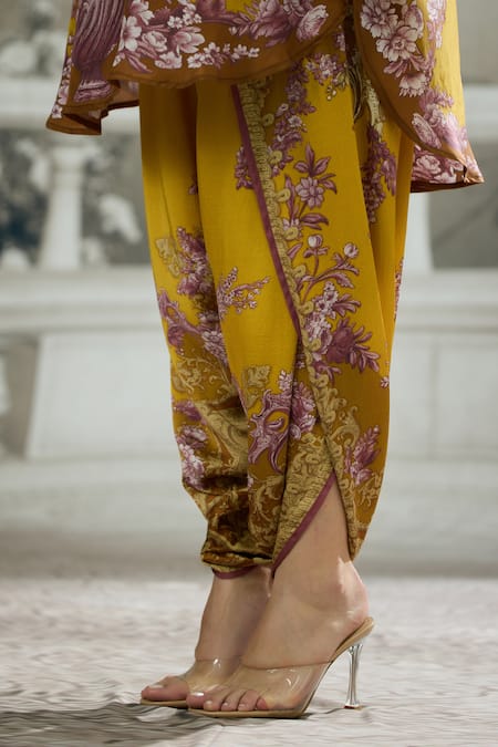 Shop Rajdeep Ranawat Yellow Silk, Modal, Satin Mabel Floral Vine Print Shirt Kurta And Dhoti Pant Set Shop_Rajdeep Ranawat_Yellow Silk, Modal, Satin Mabel Floral Vine Print Shirt Kurta And Dhoti Pant Set