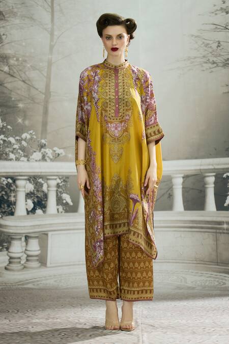 Rajdeep Ranawat_Yellow Silk, Modal, Satin Bandeau Chantelle Floral Print Tunic And Palazzo Set _Online_at_Aza_Fashions