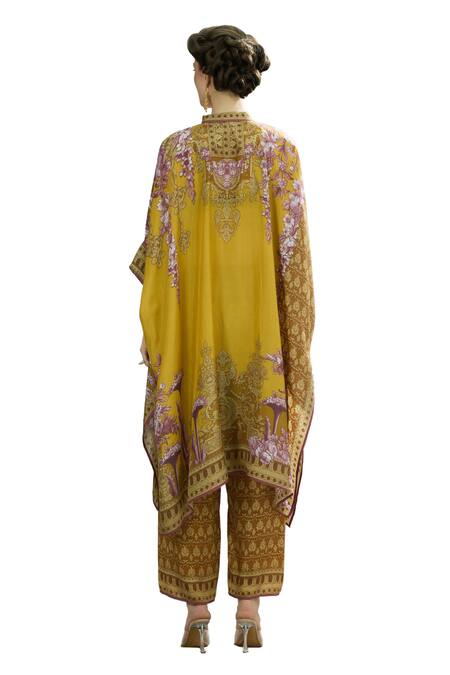Buy_Rajdeep Ranawat_Yellow Silk, Modal, Satin Bandeau Chantelle Floral Print Tunic And Palazzo Set 