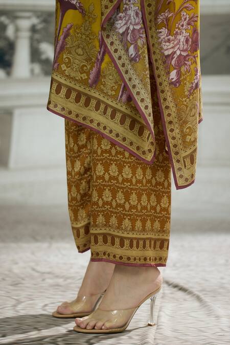 Shop_Rajdeep Ranawat_Yellow Silk, Modal, Satin Bandeau Chantelle Floral Print Tunic And Palazzo Set 