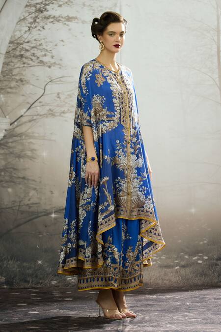 Rajdeep Ranawat_Blue Silk, Modal Embroidery Surilee Garden Print Cape And Draped Skirt Set _Online_at_Aza_Fashions