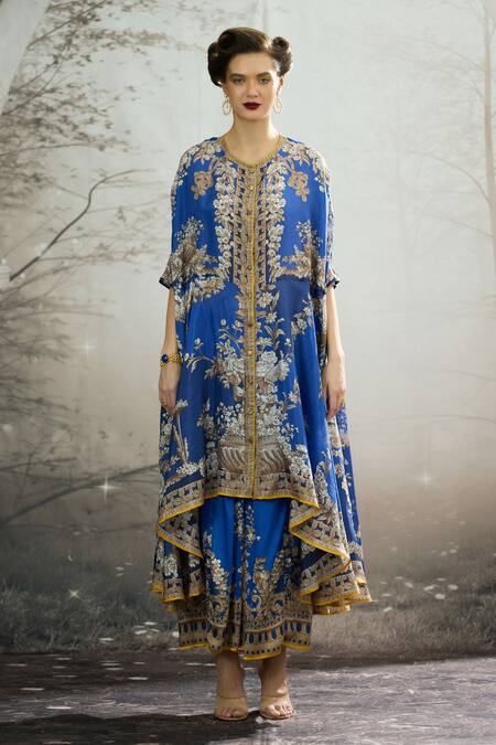 Buy_Rajdeep Ranawat_Blue Silk, Modal Embroidery Surilee Garden Print Cape And Draped Skirt Set _Online_at_Aza_Fashions