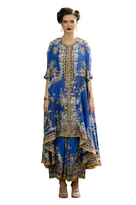 Shop_Rajdeep Ranawat_Blue Silk, Modal Embroidery Surilee Garden Print Cape And Draped Skirt Set _Online_at_Aza_Fashions