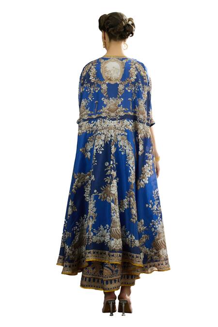 Buy_Rajdeep Ranawat_Blue Silk, Modal Embroidery Surilee Garden Print Cape And Draped Skirt Set 