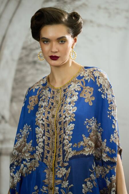 Shop_Rajdeep Ranawat_Blue Silk, Modal Embroidery Surilee Garden Print Cape And Draped Skirt Set 
