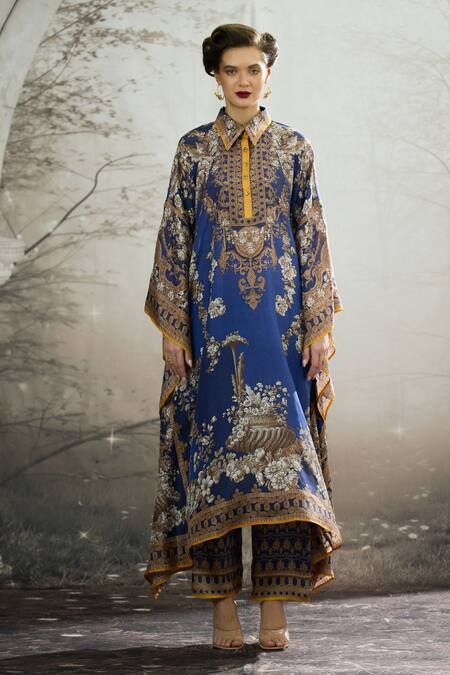 Rajdeep Ranawat Blue Silk, Modal, Satin Embroidery Sharifa Printed Kaftan Shirt And Palazzo Set Online at Aza Fashions Rajdeep Ranawat_Blue Silk, Modal, Satin Embroidery Sharifa Printed Kaftan Shirt And Palazzo Set _Online_at_Aza_Fashions