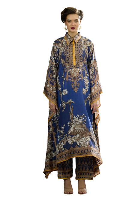 Buy Rajdeep Ranawat Blue Silk, Modal, Satin Embroidery Sharifa Printed Kaftan Shirt And Palazzo Set Online at Aza Fashions Buy_Rajdeep Ranawat_Blue Silk, Modal, Satin Embroidery Sharifa Printed Kaftan Shirt And Palazzo Set _Online_at_Aza_Fashions