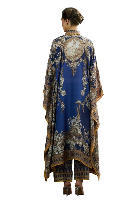 Buy Rajdeep Ranawat Blue Silk, Modal, Satin Embroidery Sharifa Printed Kaftan Shirt And Palazzo Set Buy_Rajdeep Ranawat_Blue Silk, Modal, Satin Embroidery Sharifa Printed Kaftan Shirt And Palazzo Set