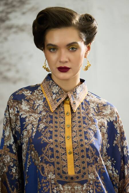 Shop Rajdeep Ranawat Blue Silk, Modal, Satin Embroidery Sharifa Printed Kaftan Shirt And Palazzo Set Shop_Rajdeep Ranawat_Blue Silk, Modal, Satin Embroidery Sharifa Printed Kaftan Shirt And Palazzo Set