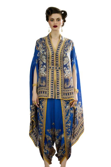 Rajdeep Ranawat_Blue Modal Embroidery Chloe Bloom Print Cape And Dhoti Pant Set _Online_at_Aza_Fashions