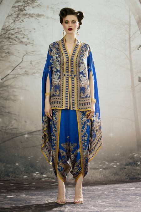 Buy_Rajdeep Ranawat_Blue Modal Embroidery Chloe Bloom Print Cape And Dhoti Pant Set _Online_at_Aza_Fashions