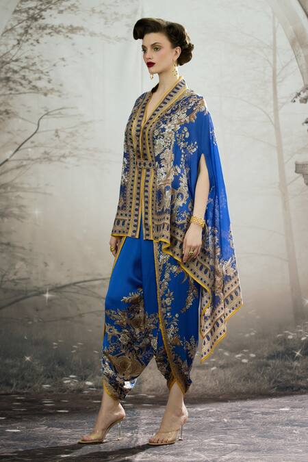 Shop_Rajdeep Ranawat_Blue Modal Embroidery Chloe Bloom Print Cape And Dhoti Pant Set _Online_at_Aza_Fashions