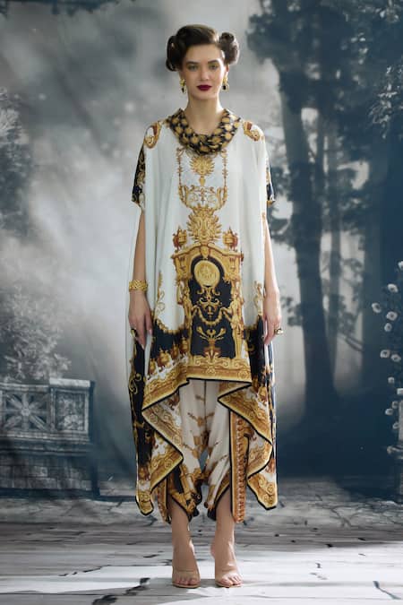 Rajdeep Ranawat_Black Silk, Modal, Satin Cowl Lavanya Regal Print Draped Tunic And Dhoti Pant Set _Online_at_Aza_Fashions