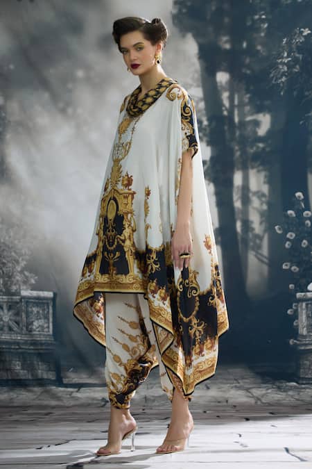 Shop_Rajdeep Ranawat_Black Silk, Modal, Satin Cowl Lavanya Regal Print Draped Tunic And Dhoti Pant Set _Online_at_Aza_Fashions