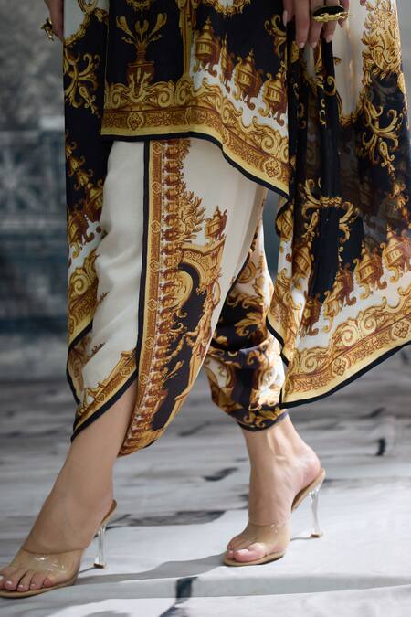 Buy_Rajdeep Ranawat_Black Silk, Modal, Satin Cowl Lavanya Regal Print Draped Tunic And Dhoti Pant Set 