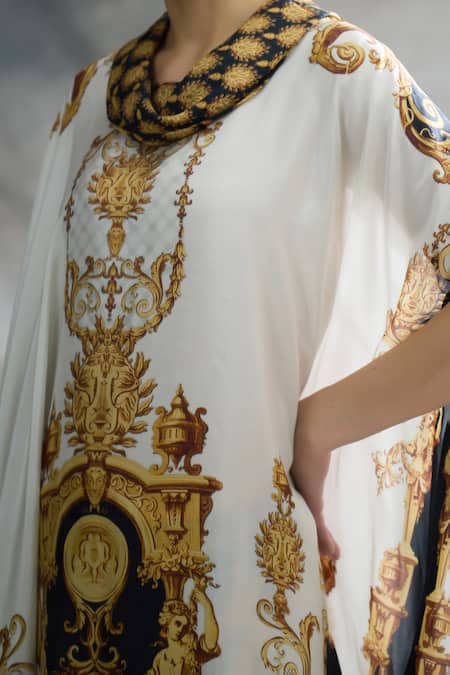 Shop_Rajdeep Ranawat_Black Silk, Modal, Satin Cowl Lavanya Regal Print Draped Tunic And Dhoti Pant Set 