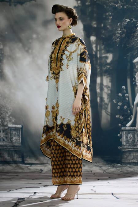 Shop_Rajdeep Ranawat_Black Silk, Modal, Satin Mandarin Chantelle Botanical Print Tunic And Palazzo Set _Online_at_Aza_Fashions