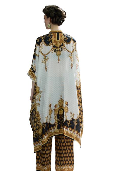 Rajdeep Ranawat_Black Silk, Modal, Satin Mandarin Chantelle Botanical Print Tunic And Palazzo Set _at_Aza_Fashions