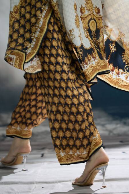 Buy_Rajdeep Ranawat_Black Silk, Modal, Satin Mandarin Chantelle Botanical Print Tunic And Palazzo Set 