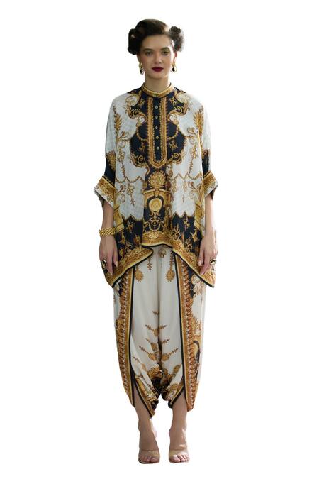 Rajdeep Ranawat_Black Silk, Modal, Satin Collared Chanel Regal Print Tunic And Dhoti Pant Set _Online_at_Aza_Fashions