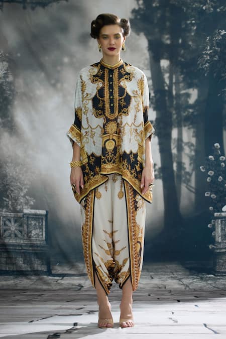 Buy_Rajdeep Ranawat_Black Silk, Modal, Satin Collared Chanel Regal Print Tunic And Dhoti Pant Set _Online_at_Aza_Fashions