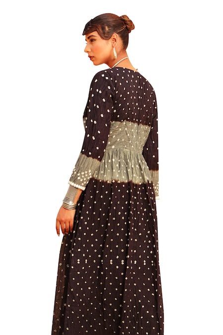 The Home Affair_Black Cotton Mirrors, Embroidery V-neck Bandhani Tie Dye Dusk Dress _Online_at_Aza_Fashions