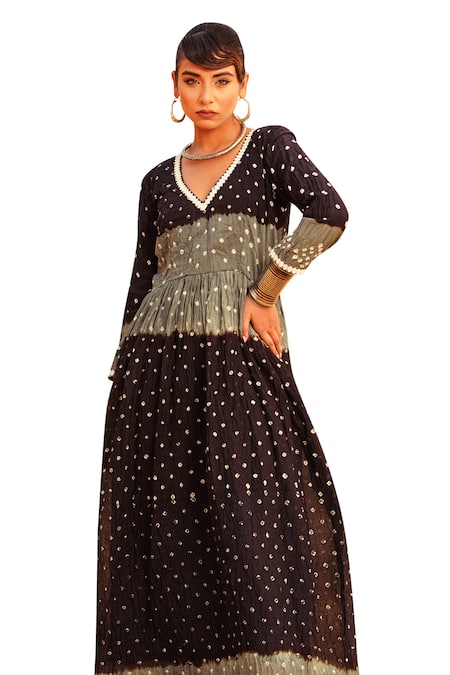Buy_The Home Affair_Black Cotton Mirrors, Embroidery V-neck Bandhani Tie Dye Dusk Dress _Online_at_Aza_Fashions