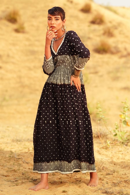 Shop_The Home Affair_Black Cotton Mirrors, Embroidery V-neck Bandhani Tie Dye Dusk Dress _Online_at_Aza_Fashions