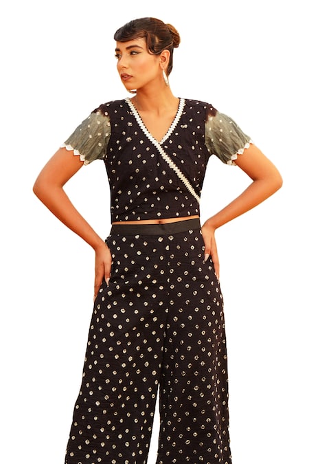 The Home Affair_Black Cotton Mirrors, Monochrome Bandhani Tie Dye Crop Wrap Top With Pant _Online_at_Aza_Fashions