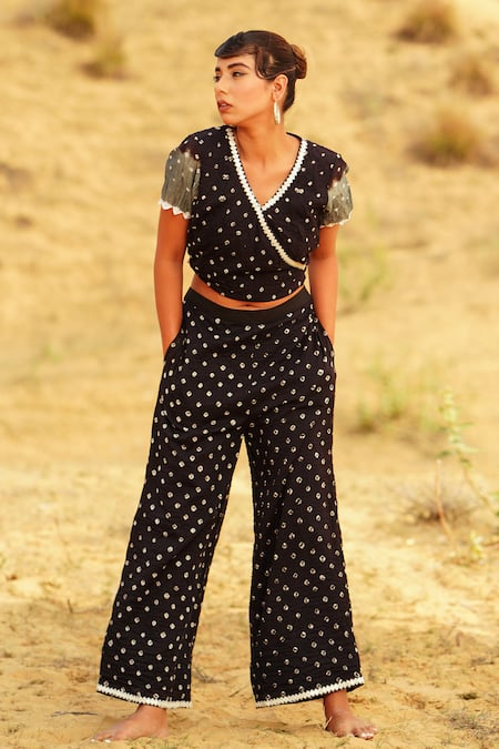 Shop_The Home Affair_Black Cotton Mirrors, Monochrome Bandhani Tie Dye Crop Wrap Top With Pant _Online_at_Aza_Fashions