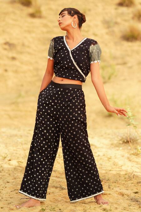 The Home Affair_Black Cotton Mirrors, Monochrome Bandhani Tie Dye Crop Wrap Top With Pant _at_Aza_Fashions