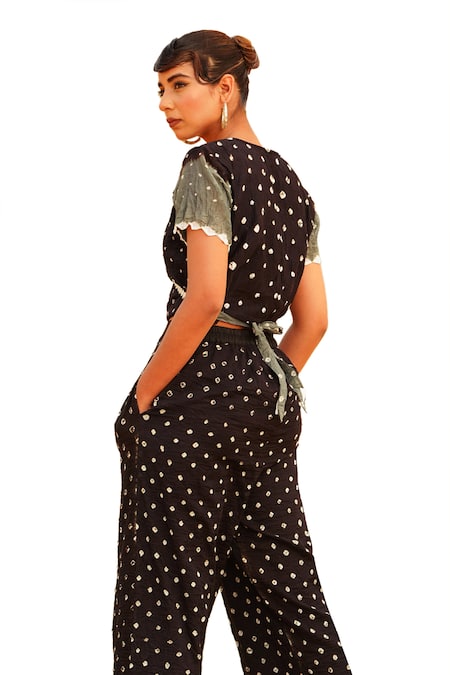 Shop_The Home Affair_Black Cotton Mirrors, Monochrome Bandhani Tie Dye Crop Wrap Top With Pant 